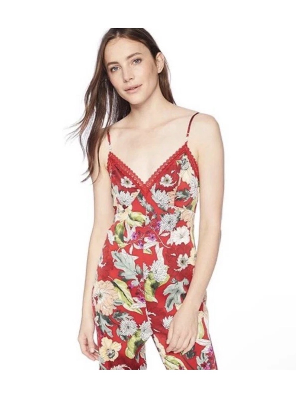 Guess Red Floral Lace-Trim Jumpsuit